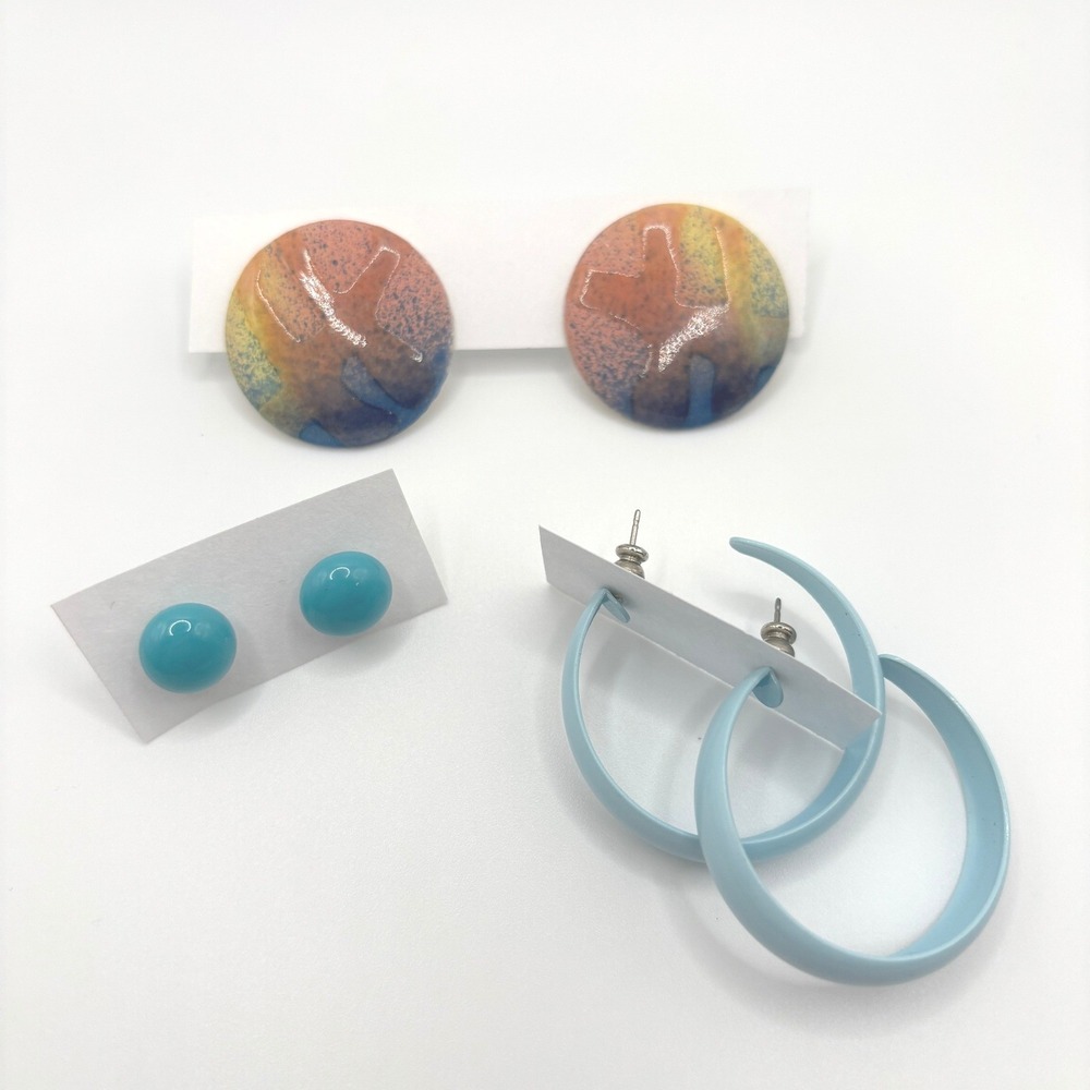 Vintage Blue Earring Bundle 3 Pairs Enamel Hoops Studs Abstract‎ Ceramic Discs